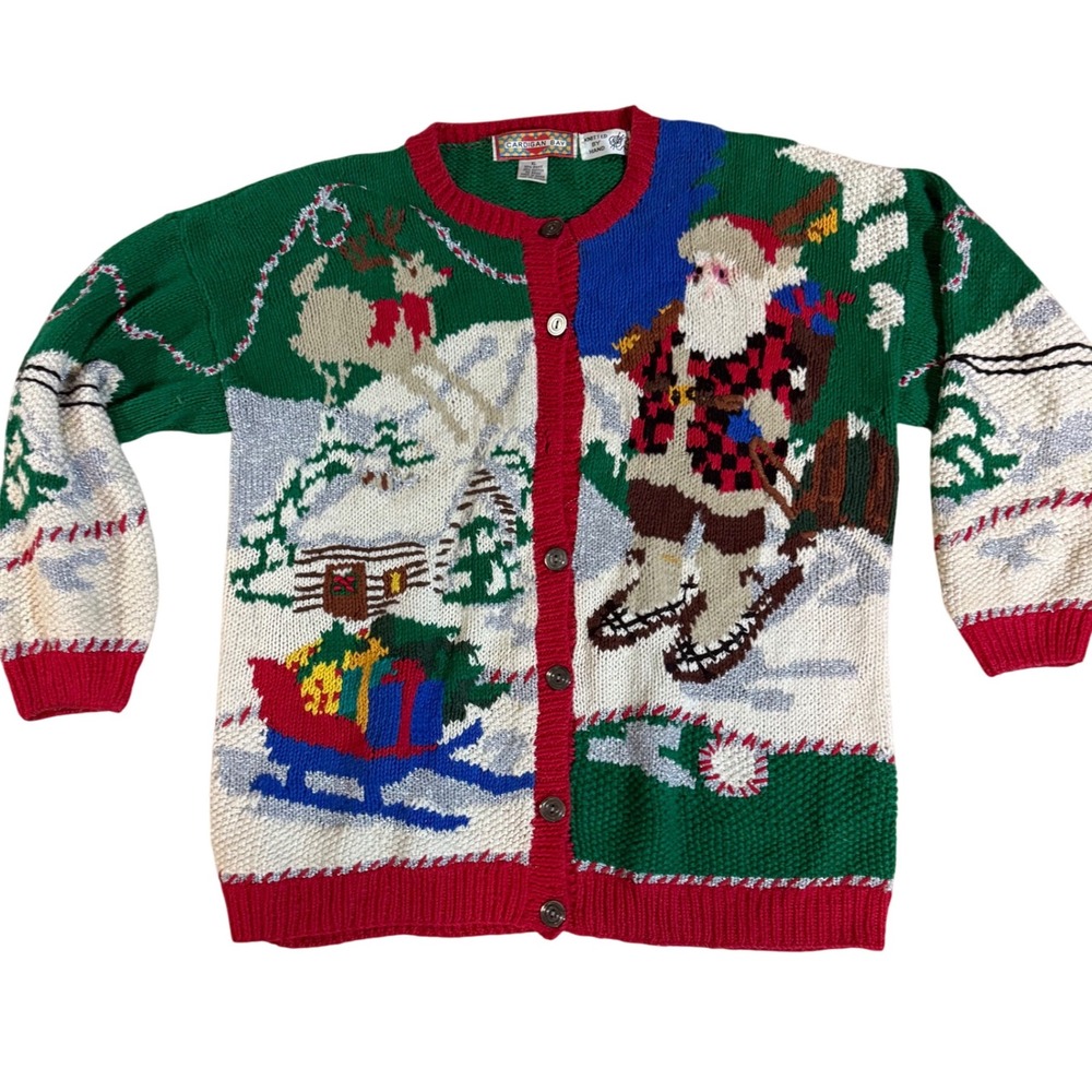Cardigan Bay Womens XL Christmas Santa Skiing Reindeer Ugly Sweater hand  knit